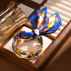 Retro Cuff 18K Gold Stainless Steel Silk Blue Scarf Bracelet